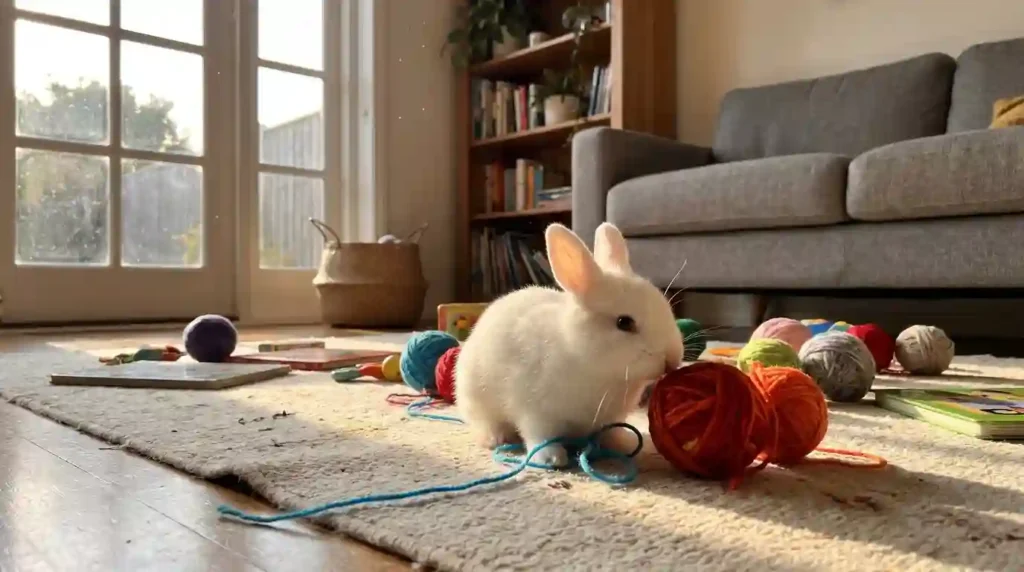 Ultra Realistic Baby Rabbit Playing With Colorful Yarn Balls Ai Pet Video First Frame