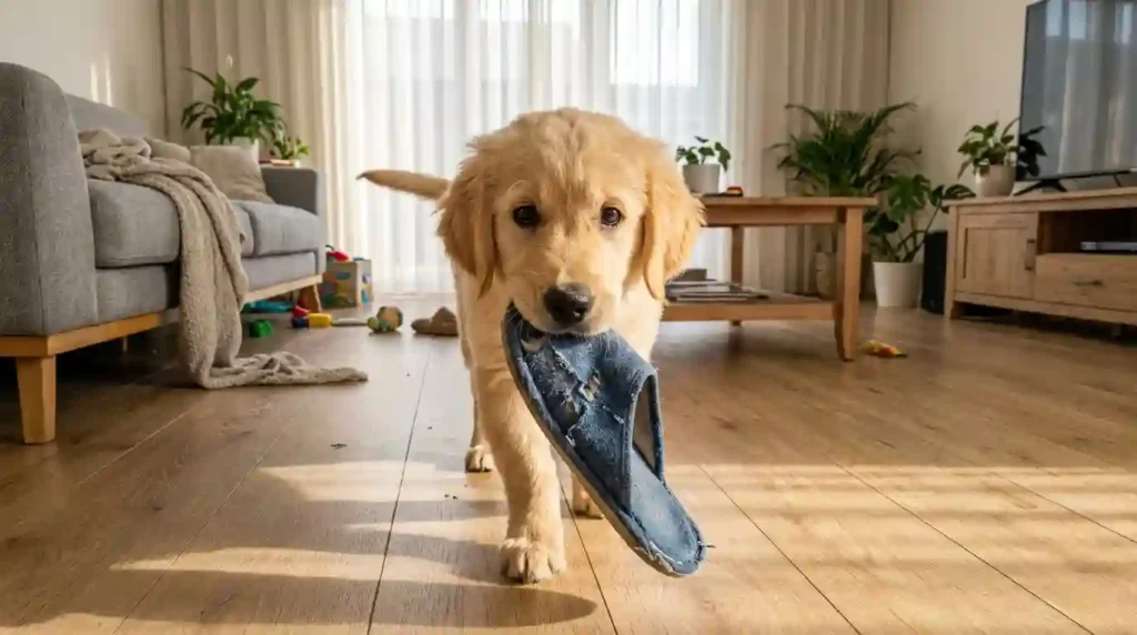 Ultra Realistic Golden Retriever Puppy Dragging Slipper In Cozy Living Room Ai Pet Video First Frame
